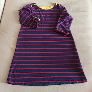 Hanna Andersson Navy Dress with Red Stripes and Yellow Trim